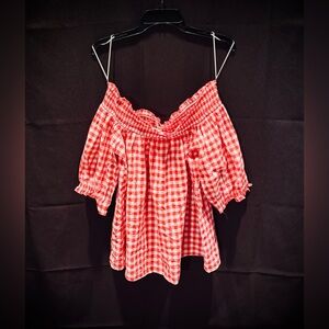 LOFT Red and White Gingham Off-Shoulder Blouse